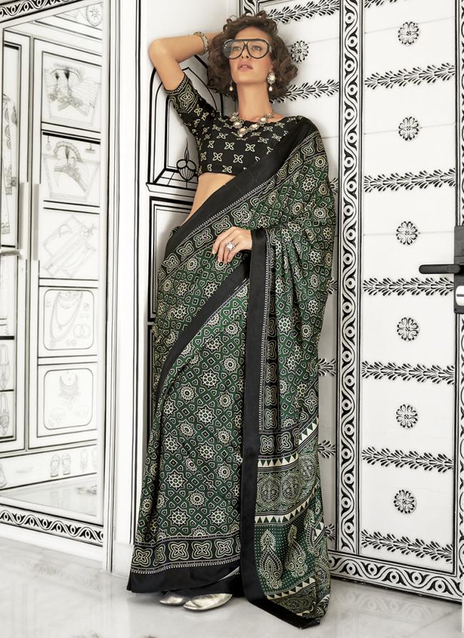 Satin Crape Green Casual Wear Ajarkh Digital Print Saree